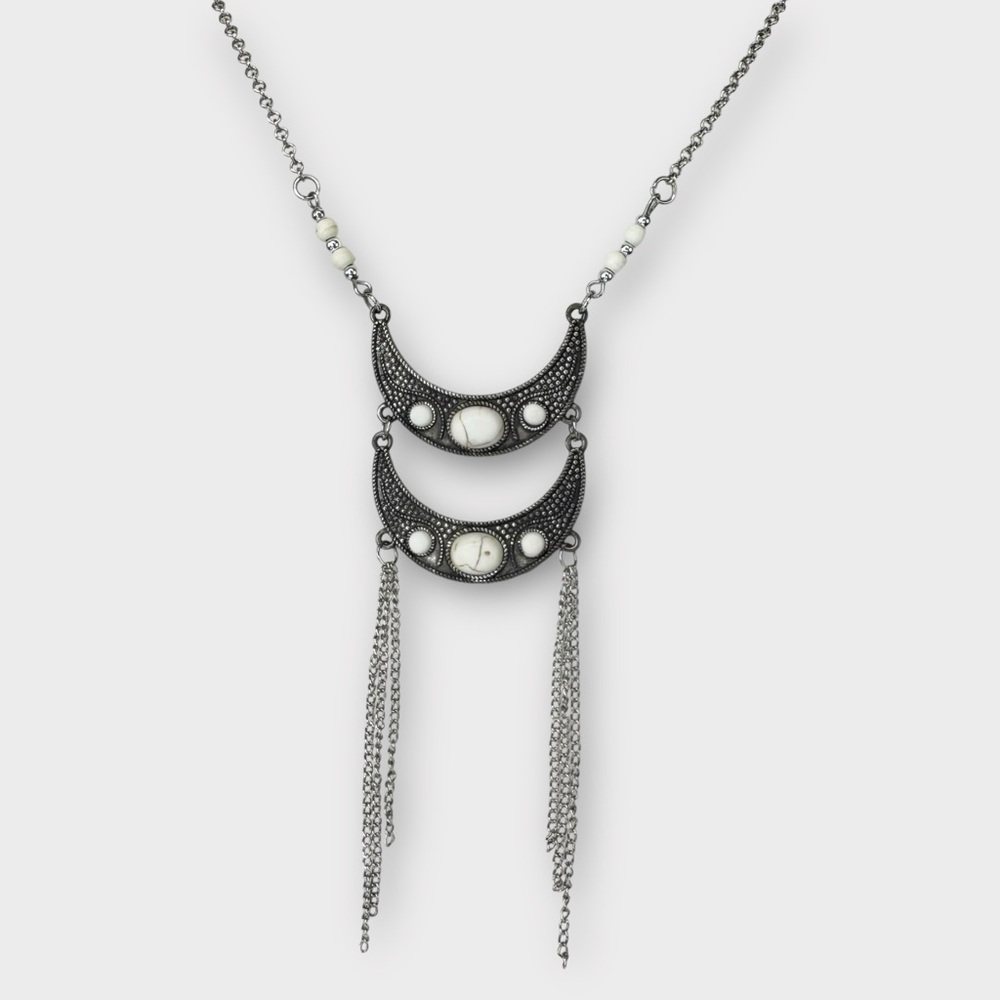long silver crescent necklace with white marbled stones and silver tassels EUC